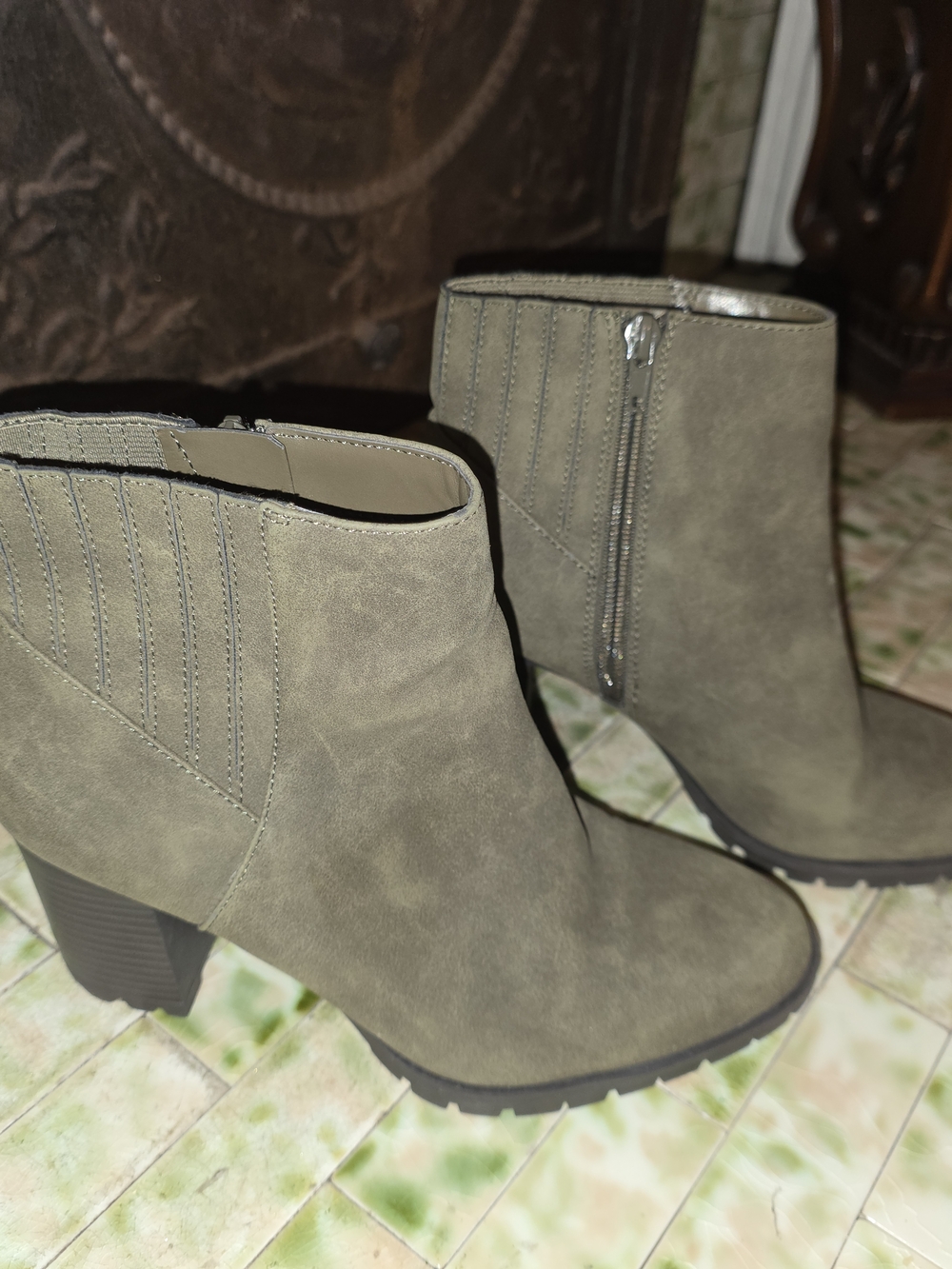 Kelly & Katie Olive Suede Ankle Booties with Block Heel